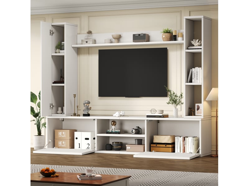  Meuble tv mural et sur pied 4 pièces blanc, avec 3 portes, 2 tiroirs, pour écran jusqu'à 50 pouces  - Conforama B