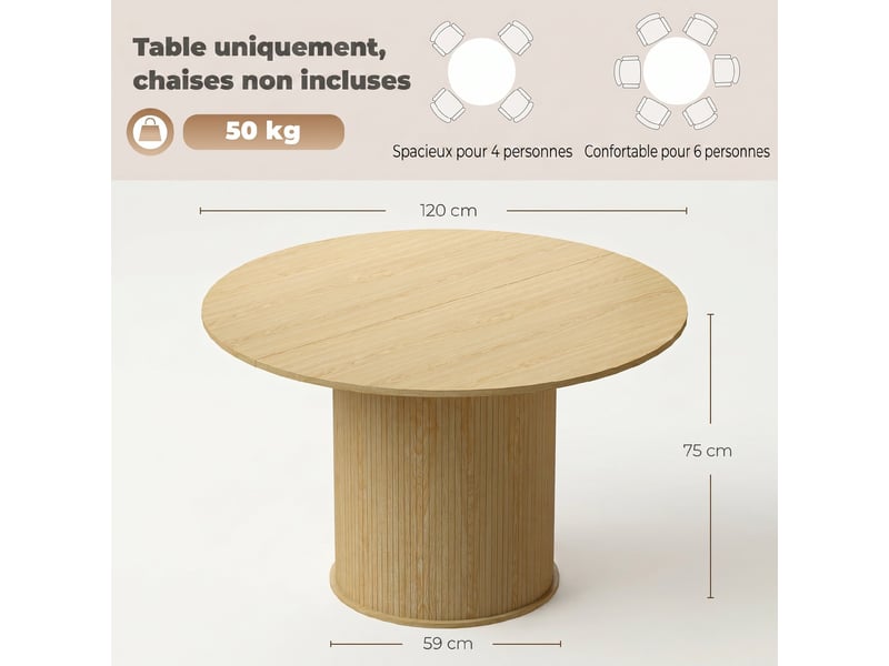  Table à manger ronde pour 4-6 personnes,  120 x 75 cm, bois naturel, table de cuisine avec base cylindrique cannelée  - Conforama C