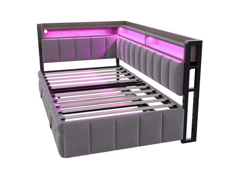  Lit enfant gigogne 90x200cm+90x190cm led, rangement, ports usb‑c, sommier à lattes, velours gris foncé sans matelas  - Conforama R