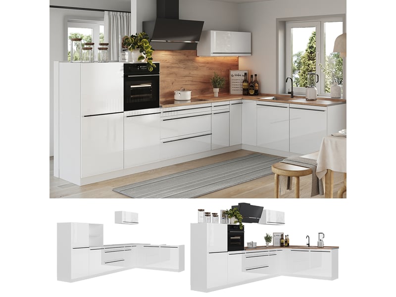 Vicco cuisine en angle, blanc haute brillanceblanc, 347 x cm plan de travail chêne doré - Conforama D