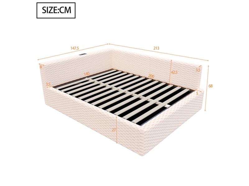 Lit banquette 140 x 200 cm beige en velours avec coffre hydraulique, dossier moelleux en l, led, ports usb type-c, rangement chambre moderne  - Conforama E