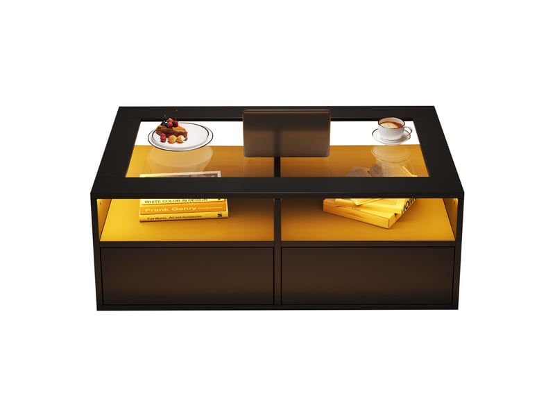  Table basse noire led en verre trempé avec 2 tiroirs et rangement ouvert 100x50x35 cm  - Conforama A