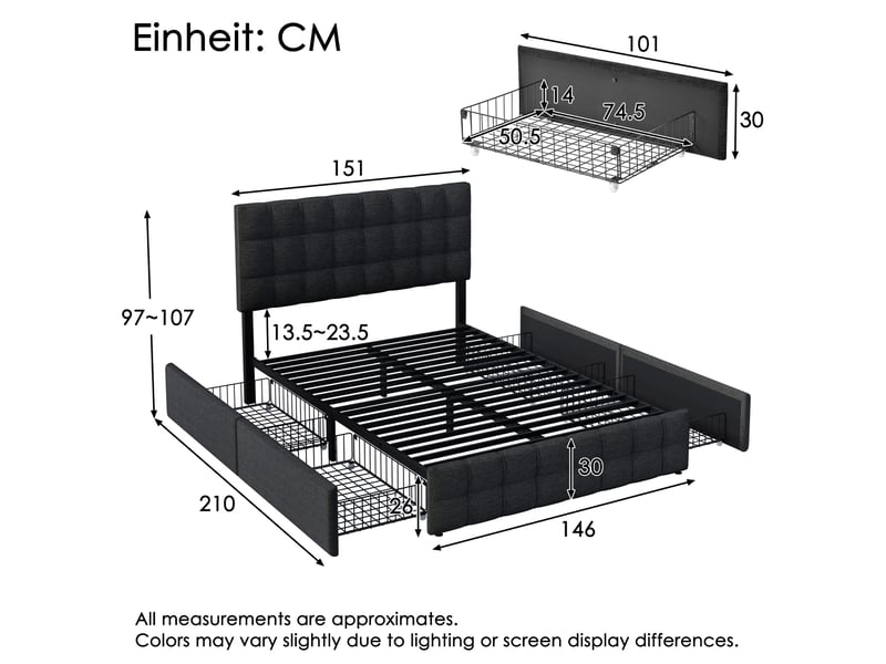  Lit double 140x200 cm avec 4 tiroirs, sommier à lattes et tête de lit réglable noir  - Conforama C