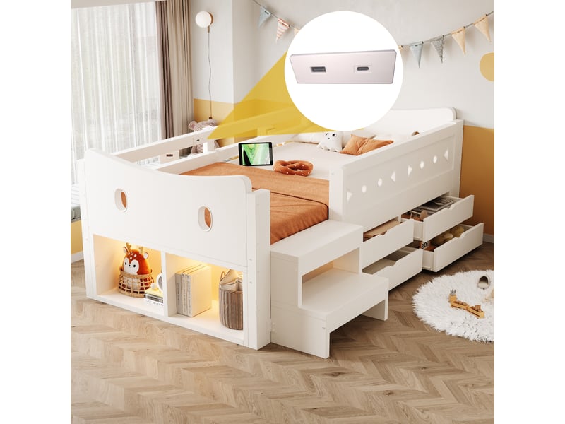Lit simple 90x200 cm - 4 tiroirs et rangement - tête de lit avec led, usb & type-c - barrières de sécurité - blanc - Conforama E