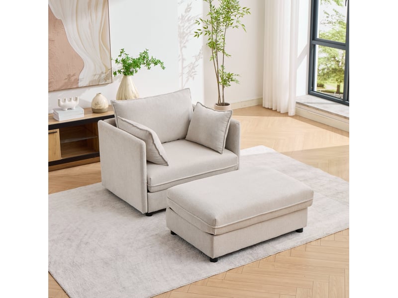 Canapé modulable 1 place modenvie avec pouf coffre en velours beige 149 x 103,5 x 81 cm  - Conforama D
