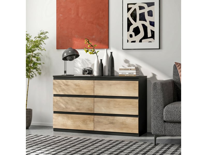  Commode en bois à 6 tiroirs pour chambre à coucher, 120 x 39 x 75 cm, noir et chêne  - Conforama D