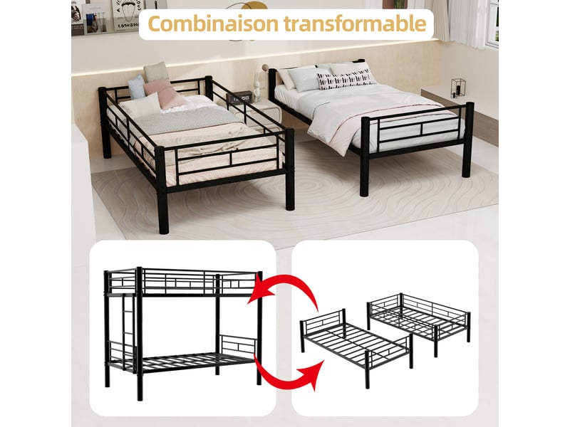  Lit superposé métal 2 x 90 x 190 cm, convertible en 2 lits simples, avec échelle et garde-corps, noir  - Conforama E