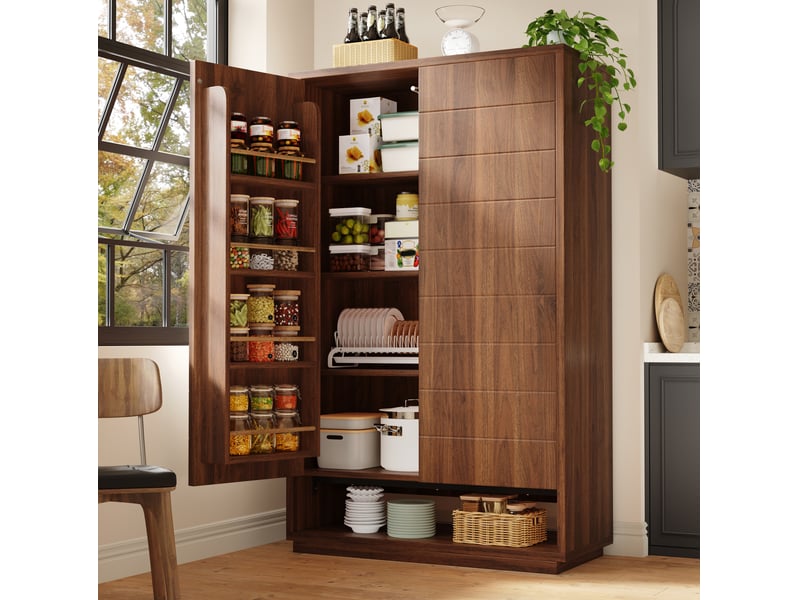 Buffet haut à 2 portes 100x40x162,5 cm, 8 compartiments ouverts, ouverture par pression, mdf et métal, couleur marron - Conforama B
