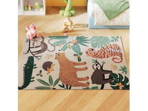 Tapis rectangulaire 160 x 120 cm multicolore en polyester, motif jungle avec dessous antidérapant, entretien facile