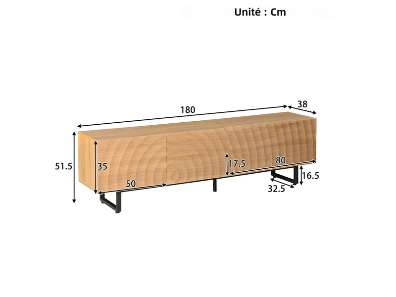  Meuble tv bas design moderne 180x38x51,5 cm coloris naturel panneau de particules rangement evarich - Conforama C