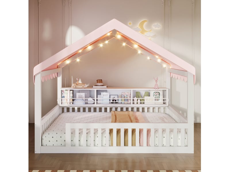  Lit enfant cabane 140x200 cm avec baldaquin led et bibliothèque blanc, sans sommier à lattes ni matelas  - Conforama W