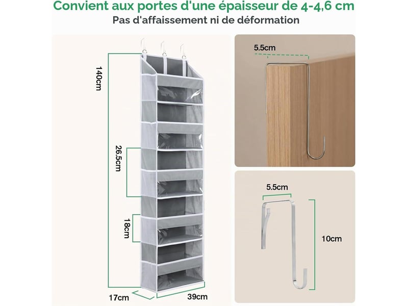 Organisateur de rangement suspendu pour porte (140 x 39 x 17 cm) avec 10 poches latérales et 3 crochets métalliques, gris - ysk0006159sjy YSK0006159SJY - Conforama B