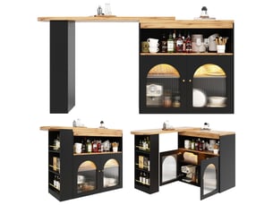 Table bar extensible noir, rangement, rotation 360 degres, portes vitrées, éclairage led, confort, solide - mdf - 138-193x39x105cm