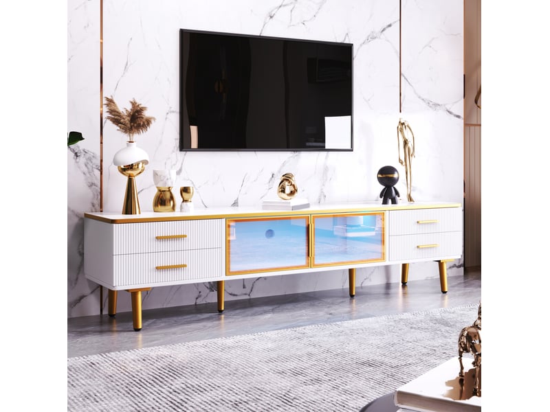  Ensemble meuble tv et table basse 170 x 37 cm blanc et doré en panneaux de particules, led multicolore  - Conforama B