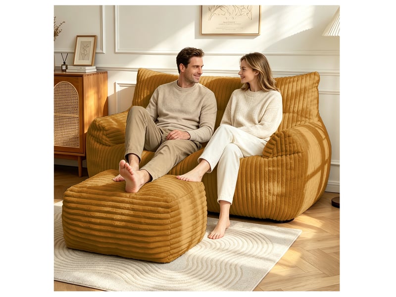  Fauteuil pouf double jaune avec repose-pieds, flanelle, 135 x 100 x 75 cm  - Conforama B