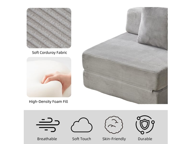  Fauteuil convertible 1 place pliable avec coussin et accoudoirs, couchage d'appoint en velours côtelé gris clair  - Conforama E
