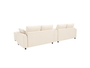 Canapé d'angle modulaire 6 places ul, 2 tabourets de rangement, console centrale avec rangement, tiroir coulissant et porte-gobelets rétractables, usb et type-c, chenille, beige