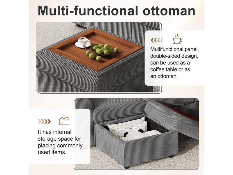 Canapé d'angle convertible 6 places en velours côtelé gris, avec pouf à rangement, 282×153×85 cm, mousse haute densité - Conforama D