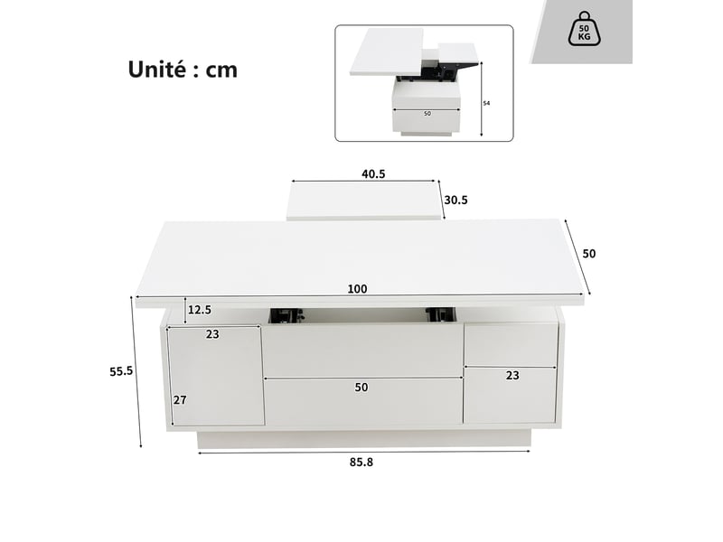  Table basse table de salon - rangement caché avec plateau réglable et double levage - design moderne - bois mdf - blanc - 100 x 50 x 55,5 cm  - Conforama C
