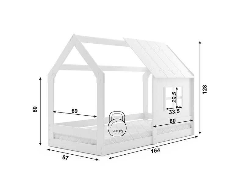 Lit cabane enfant montessori en bois massif blanc avec toit et fenêtre, 80x160 cm – sommier à lattes inclus - Conforama C