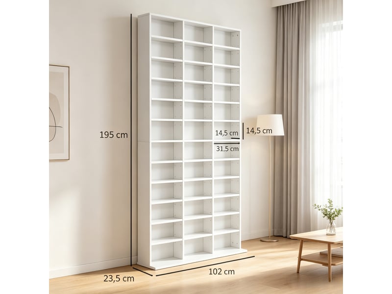 Meuble de rangement cd dvd,102x23,5x195 cm,étagères réglables,mdf,blanc - Conforama C