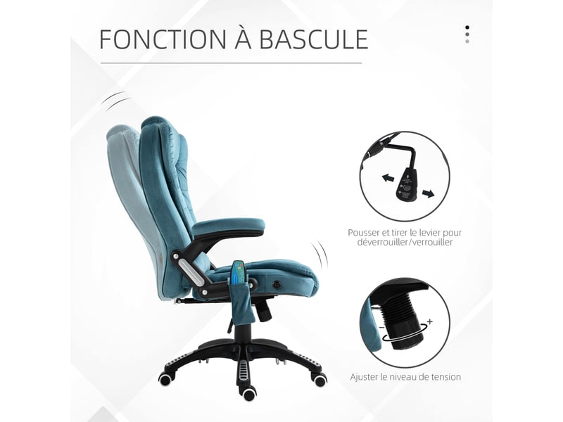  Fauteuil de bureau massant et chauffant, chaise ergonomique avec hauteur réglable, bleu  - Conforama R