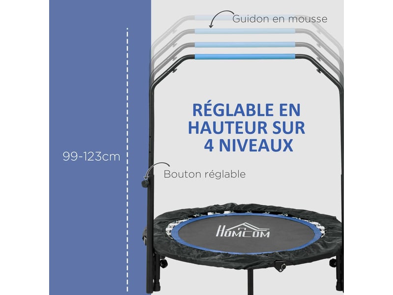  Trampoline de fitness gymnastique avec poignée réglable, pliable, 6 pieds, 28 ressorts ø 102 cm, noir bleu  - Conforama D