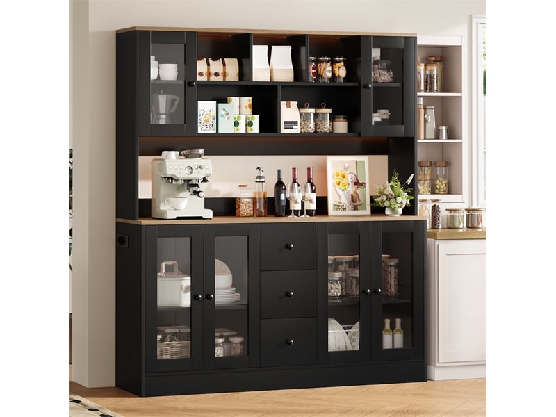  Buffet 150 x 40 x 173 cm - armoire de cuisine haute avec portes vitrées, 3 tiroirs, led et prises - noir  - Conforama B