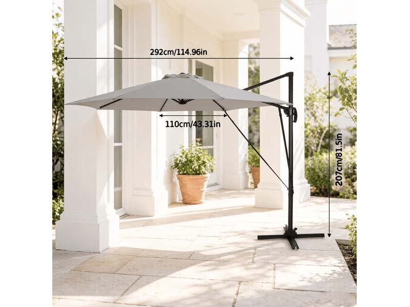 Parasol déporté rond 306x167x207 cm – gris foncé – rotation 360°, 5 inclinaisons et base incluse - Conforama C