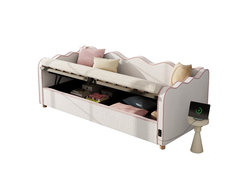  Lit banquette beige lit coffre 90x200 tissu bouclette - rangement hydraulique et prise usb  - Conforama A