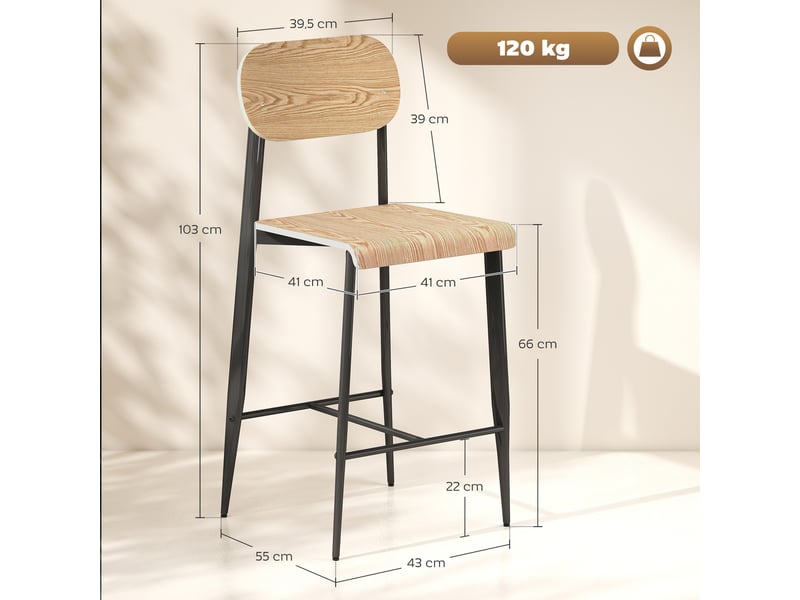  Ensemble de 2 tabourets de bar, chaises de bar avec dossier et structure en métal, bois, marron clair  - Conforama E