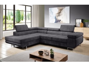 Canapé d'angle gauche convertible <strong>AX LIVING </strong> <strong>Kanya</strong> 5 places Velours gris avec coffre de rangement