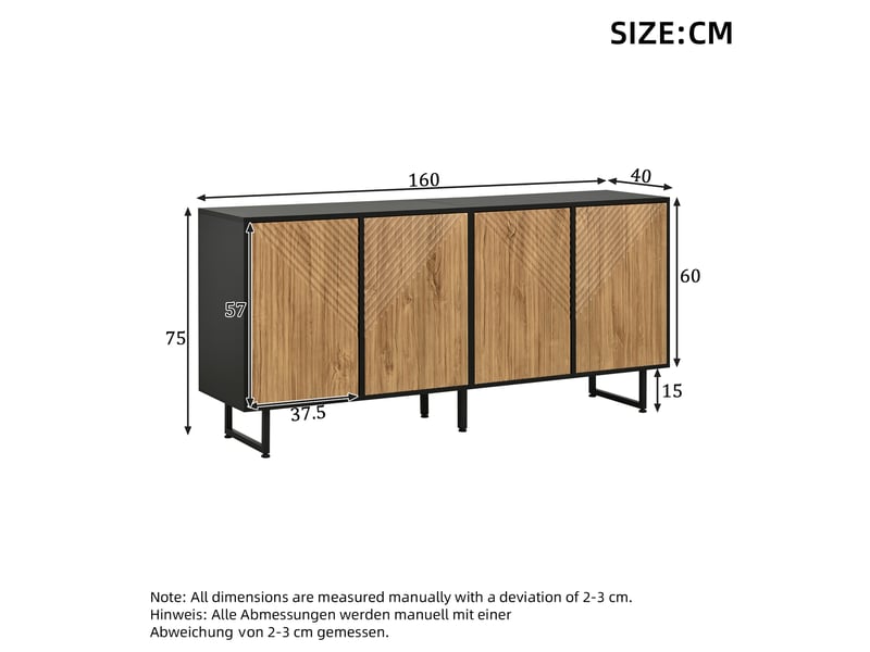  Buffet de salon 160x40x75cm avec 4 portes, meuble de rangement, meuble de salon, panneau de particules, coloris naturel et noir  - Conforama C