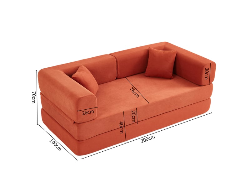 Canapé-lit convertible en velours côtelé - canapé de sol pliable avec oreillers cylindriques, style futon pour salon et chambre, orange - Conforama E
