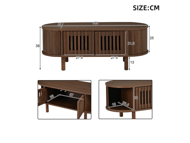 Table basse ovale 100x40x38 cm finition noyer, portes à lamelles, porte coulissante et pieds en bois massif Fay Lum - Conforama C