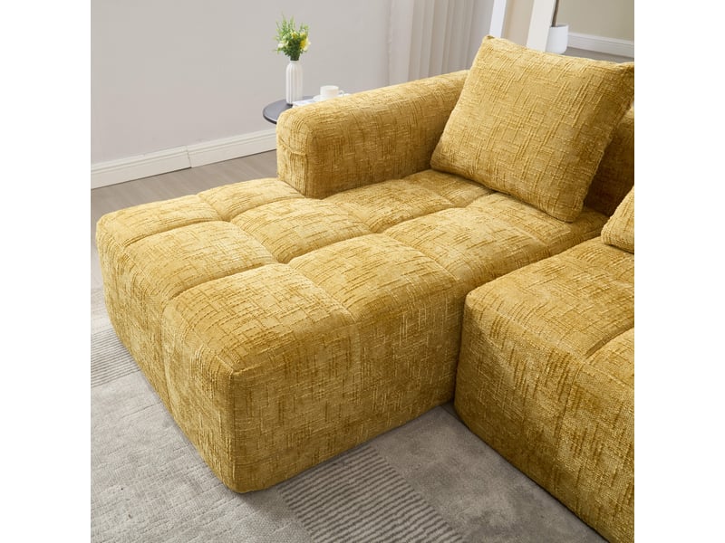  Canapé 3 places en chenille jaune avec méridienne, accoudoirs et 3 coussins, sans installation  - Conforama R