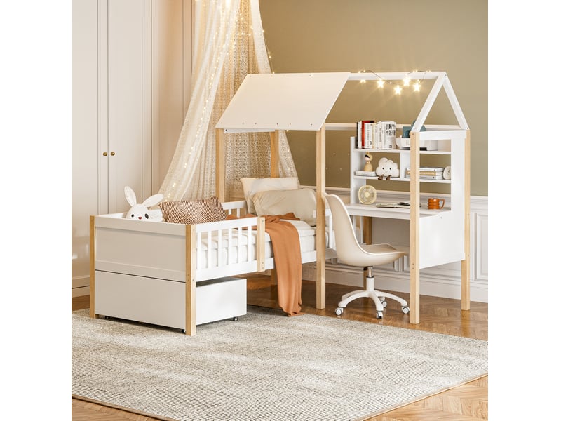 Lit enfant cabane 90x200 cm avec bureau, rangement et sommier blanc et bois - Conforama D
