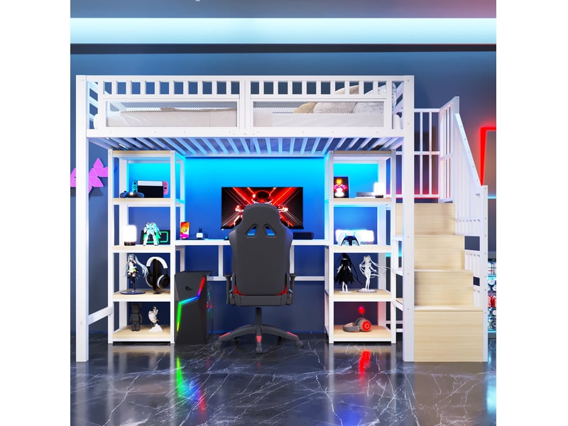  Lit mezzanine 90x200 cm avec bureau, led et rangement coloris blanc  - Conforama D