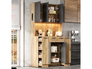 Meuble haut de cuisine 180x100x40 cm led avec prise, étagère épices coulissante à 4 niveaux, porte-bouteilles et vitrine