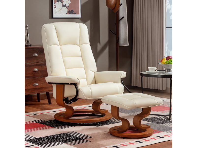 Fauteuil de relaxation inclinable avec repose-pied, pivotant, cadre en bois , revêtement synthétique crème  - Conforama D