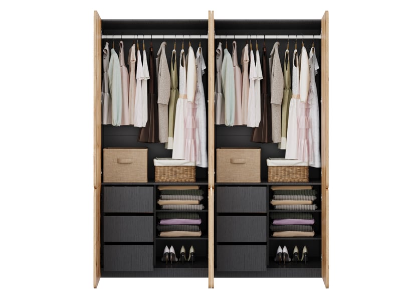  Armoire à portes battantes chêne artisan – 8 portes, 6 tiroirs, 180 x 50 x 200 cm  - Conforama A
