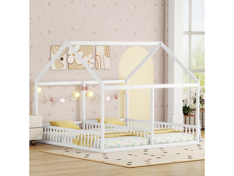 Lit cabane double 90x200, lit 2 en 1 pour enfants avec toit et barrières, cadre en bois massif blanc, aménagement de chambre partagée. - Conforama E