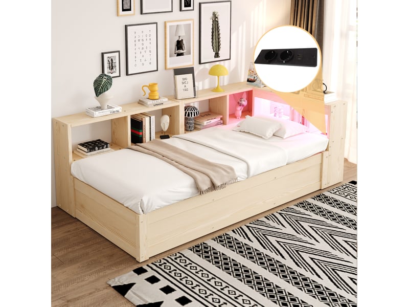  Lit coffre 90 x 200 cm en bois naturel avec led, prise intégrée et rangements  - Conforama C