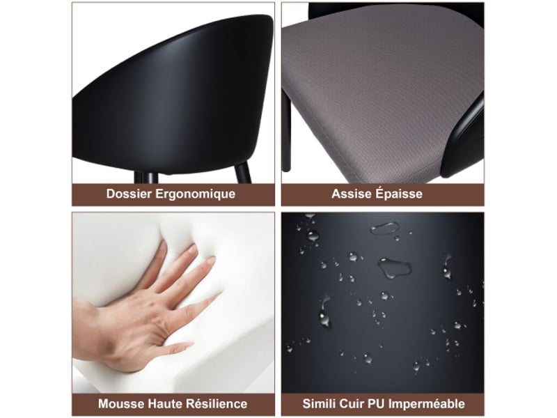  Chaise de salle à manger ergonomique – dossier noir cuir synthétique, assise gris mesh, pieds métal antidérapants – 2x  - Conforama D