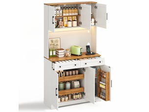 Armoire de cuisine haute 100x40x180 cm, meuble de rangement avec led rgb, prises électriques, portes de grange, naturel et blanc