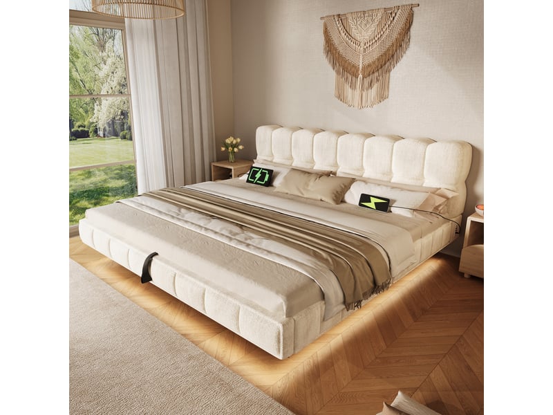  Lit double rembourré 160x200 cm - effet suspendu, design nuage bubble - coffre hydraulique, led, usb &amp; type-c - chenille - beige CozyNest - Conforama D