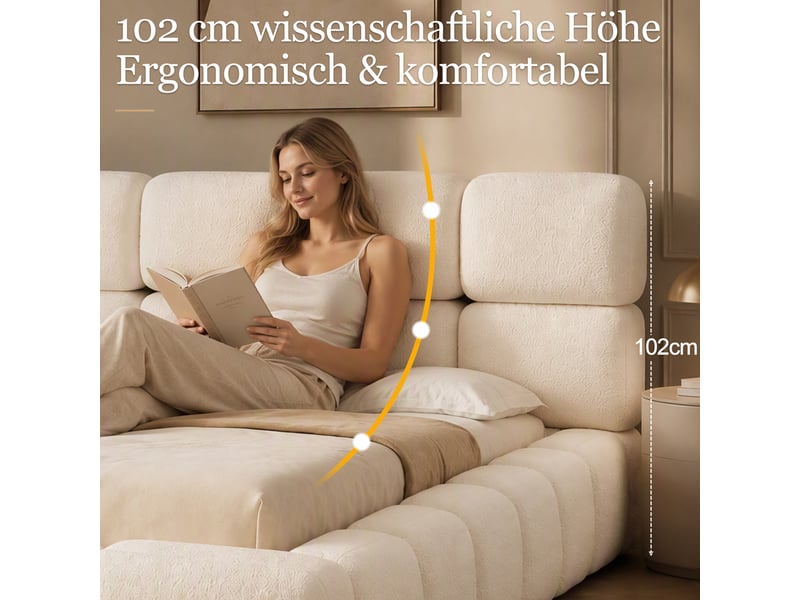  Lit plateforme 180x200 cm blanc, tissu bouclé, design nuage, tête de lit rembourrée 12 cm, sommier à lattes inclus, structure anti-glissement  - Conforama R