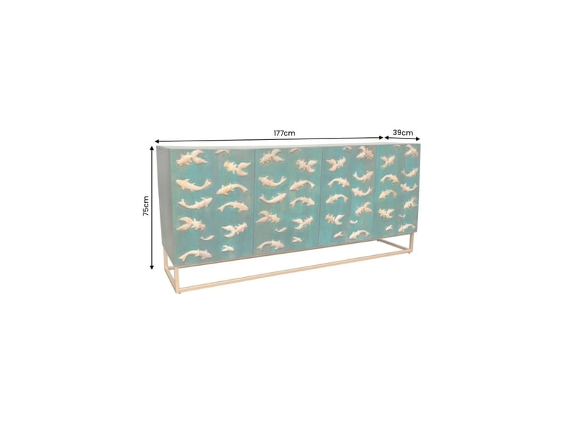  Buffet mizu 177 cm en bois massif de manguier turquoise – 4 portes – pieds et détails dorés  - Conforama C