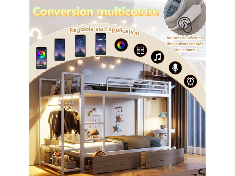  Lit superposé 90 x 200 cm, blanc, sans matelas, 2 tiroirs, étagères, led, penderie  - Conforama E