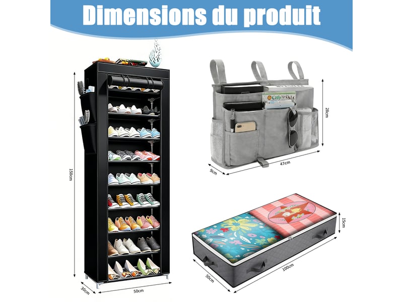  Kit de rangement 3 en 1 chambre : armoire portable, sacs sous le lit et pochette de chevet - noir et gris  - Conforama B